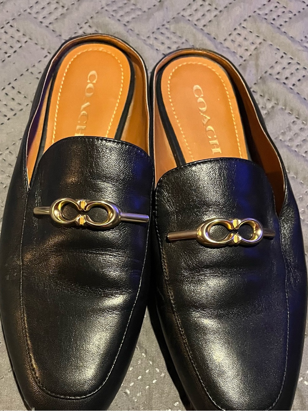 Coach Black Leather  Slip-On Loafers with Gold Horsebit